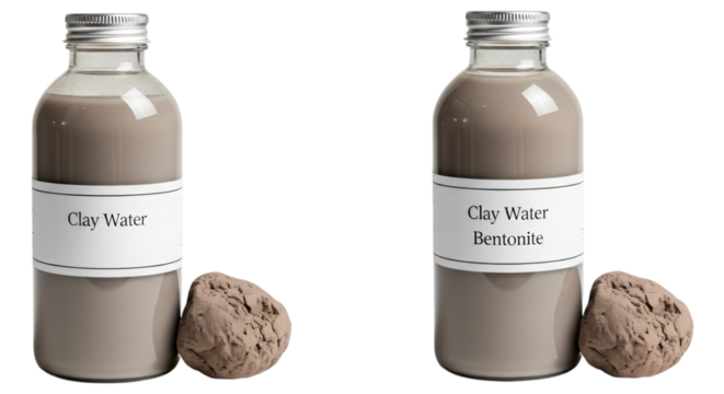 Two bottles of clay water with bentonite and clay rocks isolated on transparent background - Powered by Adobe