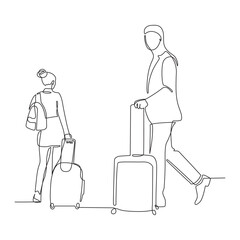Continuous line drawing of traveler woman with luggage single line art.