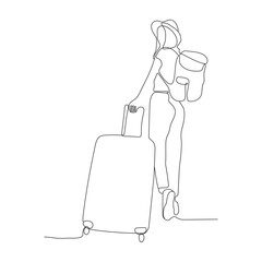 Continuous line drawing of traveler woman with luggage single line art.