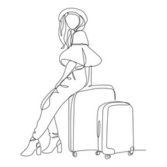 Continuous line drawing of traveler woman with luggage single line art.
