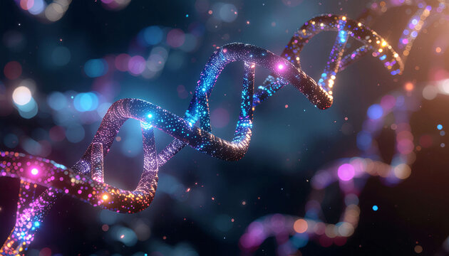 Stunning vibrant DNA helix glows with futuristic digital particles, representing scientific advancement and gene research