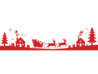 Santa Claus silhouette flies over snowy houses in a sleigh pulled by reindeer.