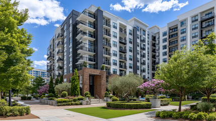 Sleek multifamily apartment building featuring a fusion of brick, steel, and siding, expansive balconies framed by greenery, sunlight reflecting across manicured lawns and walkways