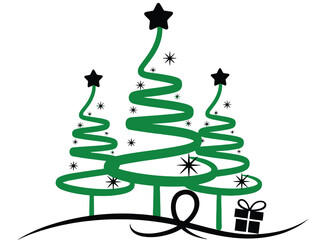 Stylized Christmas trees with ornaments and a gift box on a snowy ground.