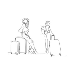 Continuous line drawing of traveler woman with luggage single line art.