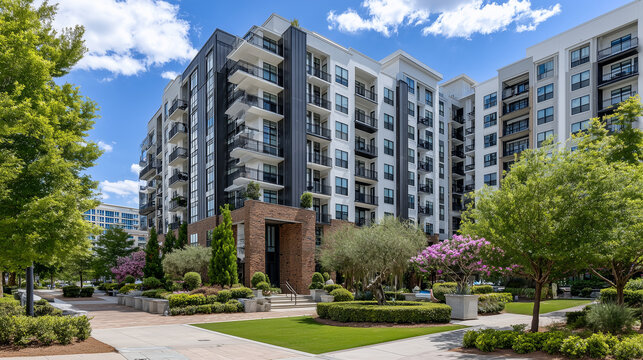 Sleek multifamily apartment building featuring a fusion of brick, steel, and siding, expansive balconies framed by greenery, sunlight reflecting across manicured lawns and walkways - Powered by Adobe
