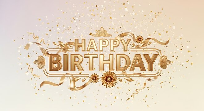 A golden happy birthday message with confetti and ribbons, radiating festive cheer and celebration, perfect for greeting cards and social media posts, isolated on white background