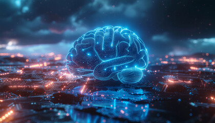 Stunning digital brain visualization glows with blue energy over a futuristic circuit board landscape, symbolizing innovation and intelligence.