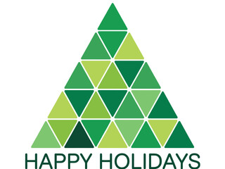 A green triangle holiday tree graphic with the words Happy Holidays.