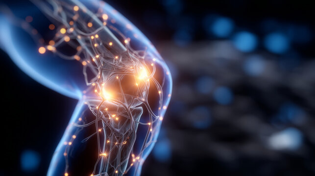 Close-up 3D anatomical visualization of a human knee with glowing orange inflammation area, detailed rendering of bone structure, nerves, and ligaments, concept art for medical edu