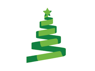 A stylized green ribbon forms a Christmas tree with a star on top.