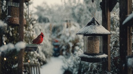 A snowy garden with bird feeders and a red cardinal,