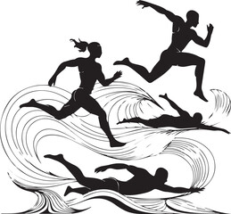 Dynamic silhouettes of athletes running and swimming through swirling abstract water or waves conveying movement and energy in a stylized graphic illustration