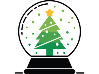 A snow globe contains a Christmas tree with a star on top and scattered dots.