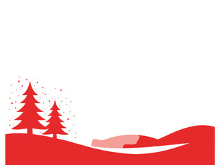 Abstract red trees on a snow-covered hill with a red background.