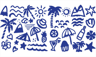 A lively collection of hand-drawn summer and beach doodles featuring palm trees, waves, suns, cocktails, mountains, and tropical elements.