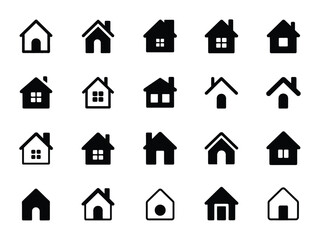 A collection of simple house icons in various styles, presented in black and white.