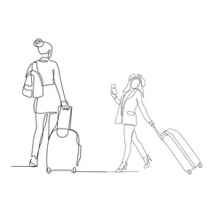 Continuous line drawing of traveler woman with luggage single line art.