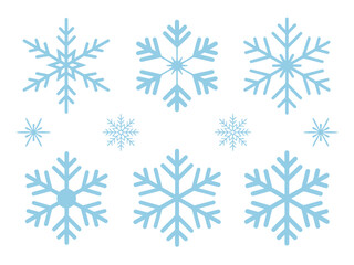 Six different light blue snowflakes are displayed on a white background.