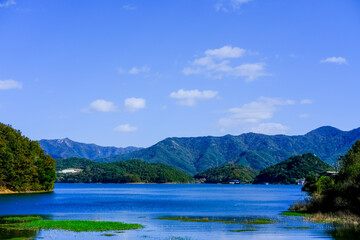 Clear Blue Sky and Reservoir with Mountains, South Korea