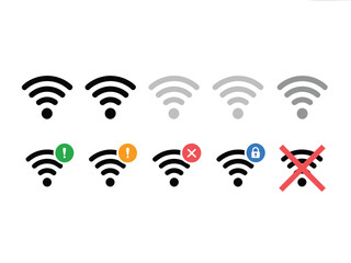 A collection of Wi-Fi signal icons representing different signal strengths and status conditions.