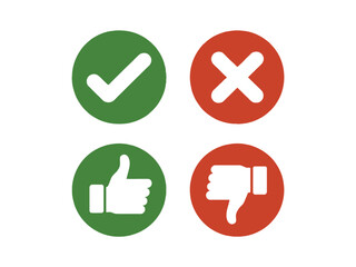 Checkmark, cross mark, thumbs up, and thumbs down icons against a white background.