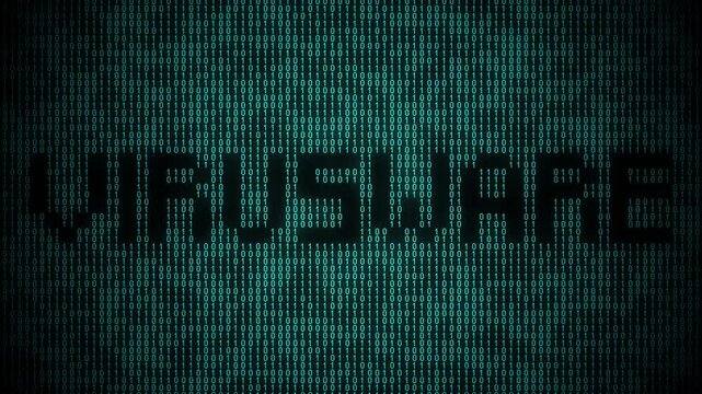 Binary virusware animation with digital hacking and system flow.