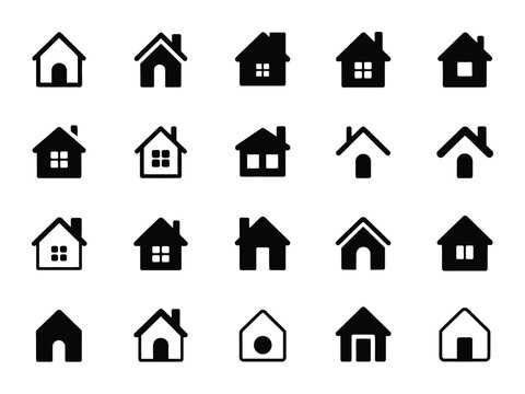 A collection of simple house icons in various styles, presented in black and white.