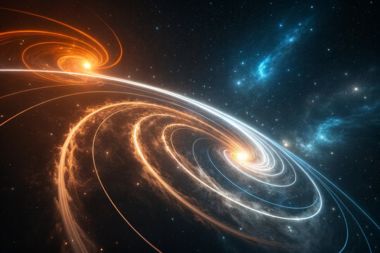 Dynamic cosmic energy flow illustration with swirling orange and blue light trails across a star-filled galaxy, representing movement and connection.