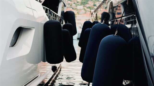 Close up of blue fenders hanging between two docked yachts, gently touching as the boats move on calm water