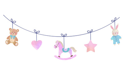 Handpainted watercolor baby mobile. Cute pastel hanging toys for kids room and nursery design.