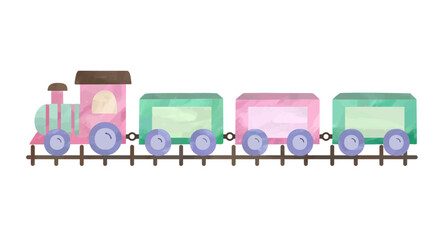 Watercolor toy train in pastel colors. Cute baby locomotive illustration isolated on white background.