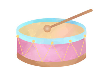 Handpainted watercolor baby drum. Soft pastel toy illustration for kids design and nursery decor.