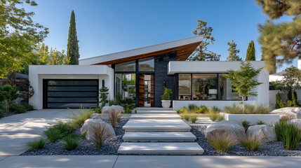Contemporary suburban home with white faÃ§ade, slanted angular roof, dark-paneled garage door, transparent glass entryway, and minimal dry landscaping along a sunlit concrete path