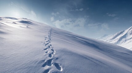 A snowy hill with a single set of footprints leading away,