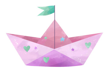 Watercolor toy boat in pastel purple tones. Cute baby ship illustration isolated on white background.
