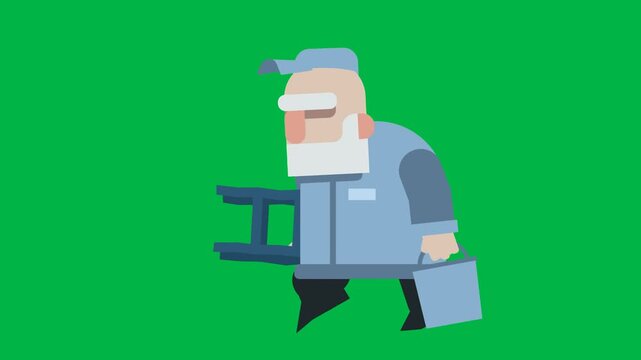 An elderly man with toolbox runs determined on green screen chromakey background in 2d animated cartoon animation, perfect for repair, handyman, or urgent senior worker scenes.