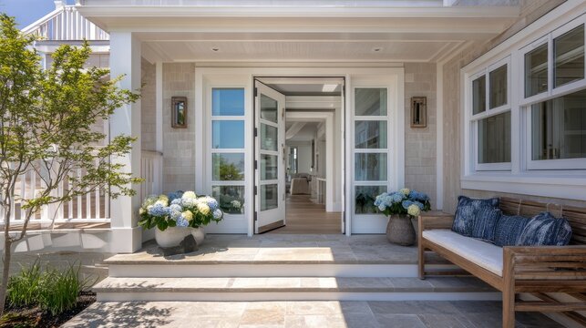 minimalist Hamptons beach home entrance with modern glass French doors, neutral tones, and elegant seaside ambience