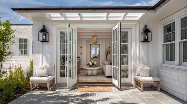 minimalist Hamptons beach home entrance with modern glass French doors, neutral tones, and elegant seaside ambience