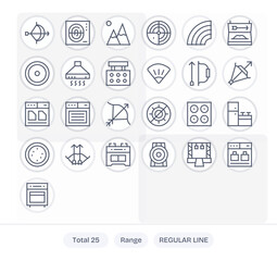 25 High Resolution Regular Line Vector Icons for Range with Pixel Optimized precision