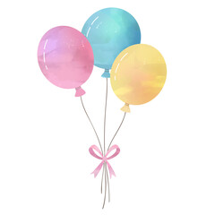Three colorful balloons in pink, blue, and yellow tied with a bow. Watercolor illustration for children’s designs.