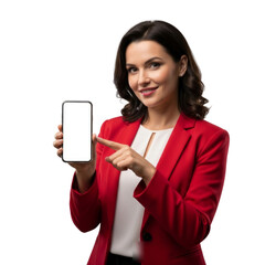 Naklejka premium Smiling Woman in Red Suit Pointing at Smartphone with Blank Screen