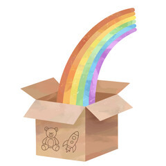 Colorful rainbow popping out of a toy box. Watercolor illustration perfect for children’s creative designs.