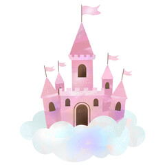 Magical pink castle floating in the clouds. Watercolor illustration perfect for children’s decor and designs.