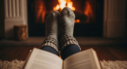 Cozy Feet by Fireplace with Book