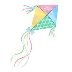 Watercolor kite with tails in soft colors. Cute pastel nursery illustration