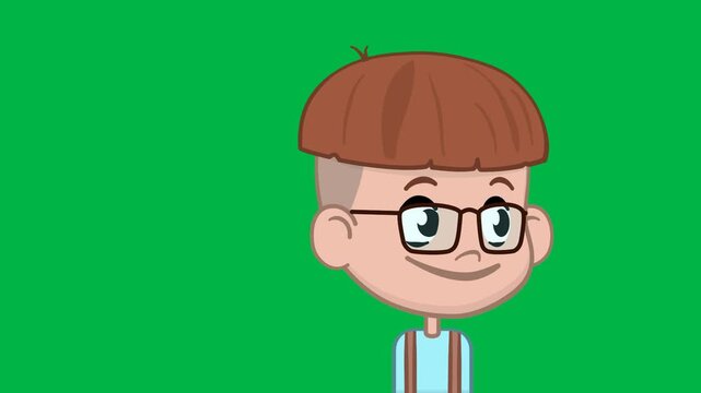 A nerdy boy with glasses stands thoughtfully on green screen chromakey background in 2d animated cartoon animation, perfect for school, intelligence, or geeky child portraits.