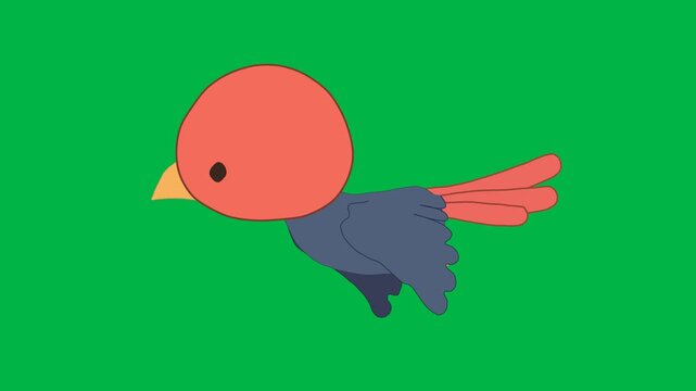 A colorful bird with red head flies playfully on green screen chromakey background in 2d animated cartoon animation, great for avian freedom, nature joy, or exotic bird flights.