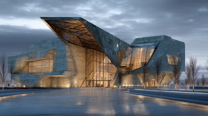 Obraz premium panoramic digital rendering of conceptual art museum, blending modern materials like steel, glass, and concrete, with creative lighting