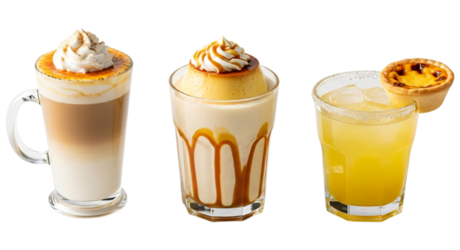 Assortment of sweet coffee and dessert drinks with whipped cream and caramel, isolated on transparent background